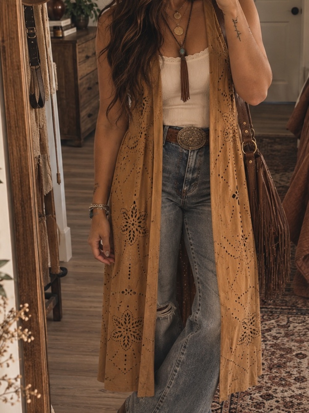 Ariat Faux Suede Laser Cut Long Duster Vest Western Boho M/L